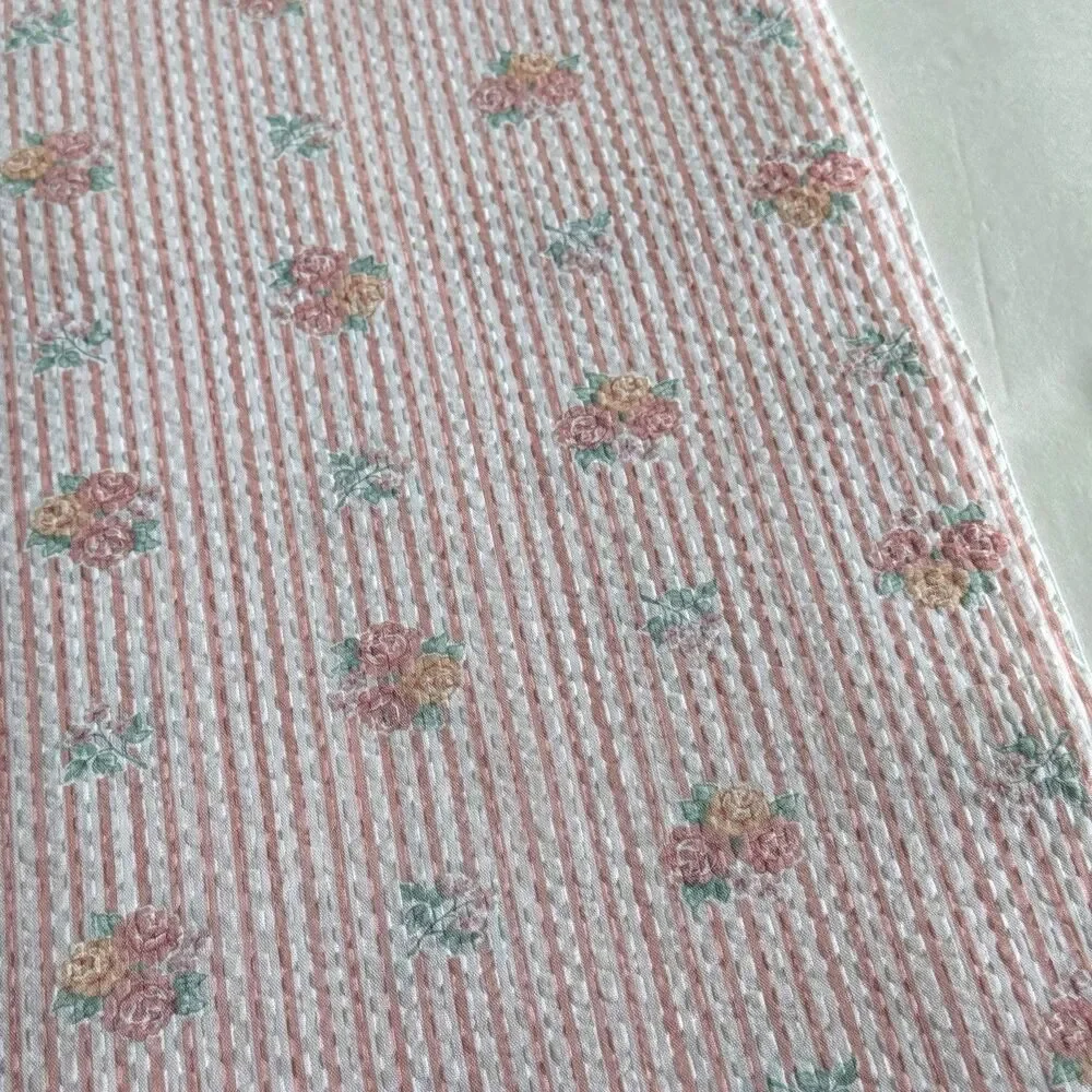 Vintage Floral Seersucker Pink Stripe Fabric Pink/Peach Crinkle Wamsutta 3yd